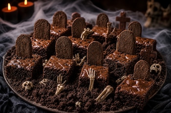 Porciones de pastel de chocolate con galletas verticales y figuras de huesos sobre migas oscuras, acompañadas de velas al fondo.