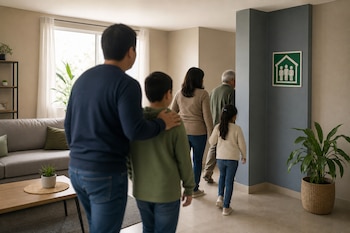 Cinco personas vistas de espaldas caminan dentro de una vivienda hacia un muro con una señal verde de zona segura.