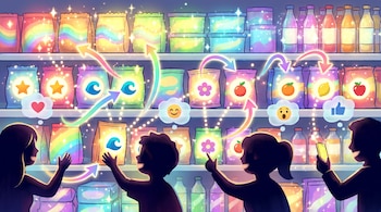 Ilustración de un estante de supermercado con envases coloridos y brillantes. Siluetas de personas eligen productos, con flechas y emojis representando la conexión emocional.