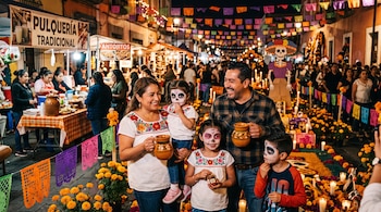 Una familia sonríe en una calle decorada con papel picado, flores amarillas y puestos con letreros de comida y pulquería.