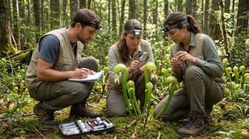 Tres científicos con linternas frontales se agachan en un bosque, examinando plantas carnívoras Darlingtonia californica de color verde junto a un kit de muestreo.