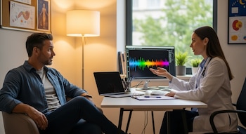 Una doctora con bata blanca y un paciente conversan en una consulta, con un monitor mostrando gráficos de ondas y un portátil sobre el escritorio.