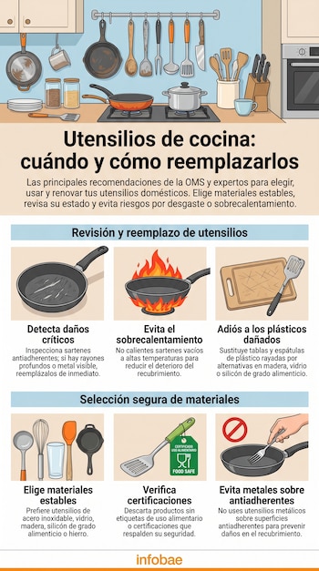 Infografía sobre utensilios de cocina: cuándo y cómo reemplazarlos. Muestra sartenes rayadas, sobrecalentamiento, tabla de plástico dañada, y opciones seguras.