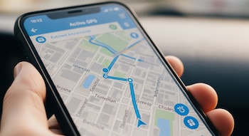 Primer plano de una mano sosteniendo un smartphone con una aplicación de navegación GPS activa en la pantalla, mostrando un mapa urbano con una ruta azul marcada.