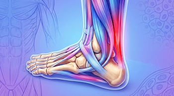 Ilustración anatómica del pie y tobillo mostrando huesos, músculos y tendones en tonos azul, rosa y morado. Una zona roja indica inflamación posterior. Fondo con esquemas musculares y celulares.