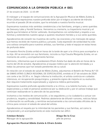El reporte médico del 27 de octubre confirmó que dos personas continuaban internadas tras el siniestro - crédito @kbetozuleta/Instagram
