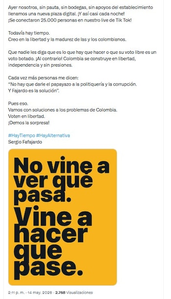 Para Sergio Fajardo, la indecisión ciudadana no representa desinterés, sino un proceso de evaluación antes de la decisión electoral - crédito @sergio_fajardo/X