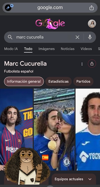 Captura de pantalla de una búsqueda de Google sobre Marc Cucurella. Muestra el nombre, profesión, fotos del futbolista y un personaje de gato animado