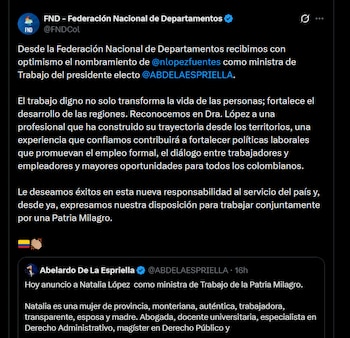 Federación Nacional de Departamentos - crédito @FNDCol/X