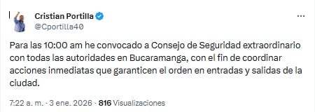 La preocupación por la seguridad en Bucaramanga ha llevado al alcalde de la ciudad a tomar una medida excepcional - crédito @Cportilla40/X