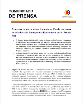 La Contraloría General de la República advirtió que el Gobierno nacional recaudó $7,59 billones mediante las medidas tributarias extraordinarias decretadas en la emergencia económica de febrero de 2026 - crédito Contraloría