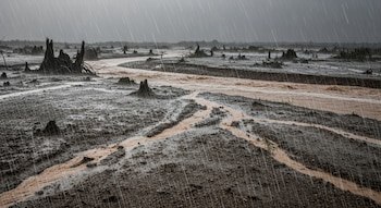 Vista aérea de lluvia intensa cayendo sobre un terreno deforestado con múltiples tocones de árboles, donde se forman canales de agua turbia y barro.