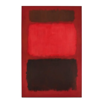 Pintura abstracta vertical que muestra un gran rectángulo rojo en el centro, flanqueado por dos rectángulos horizontales más oscuros, arriba y abajo