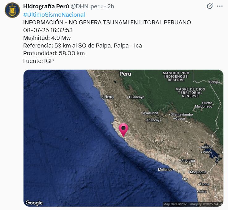 Sismo de magnitud 4.9 ocurrió en el distrito de Palpa en Ica. (Foto: X/@DHN_peru)