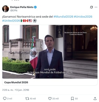 Peña Nieto anunció a través de X que México fue seleccionado como sede del Mundial 2026. | X- Enrique Peña Nieto