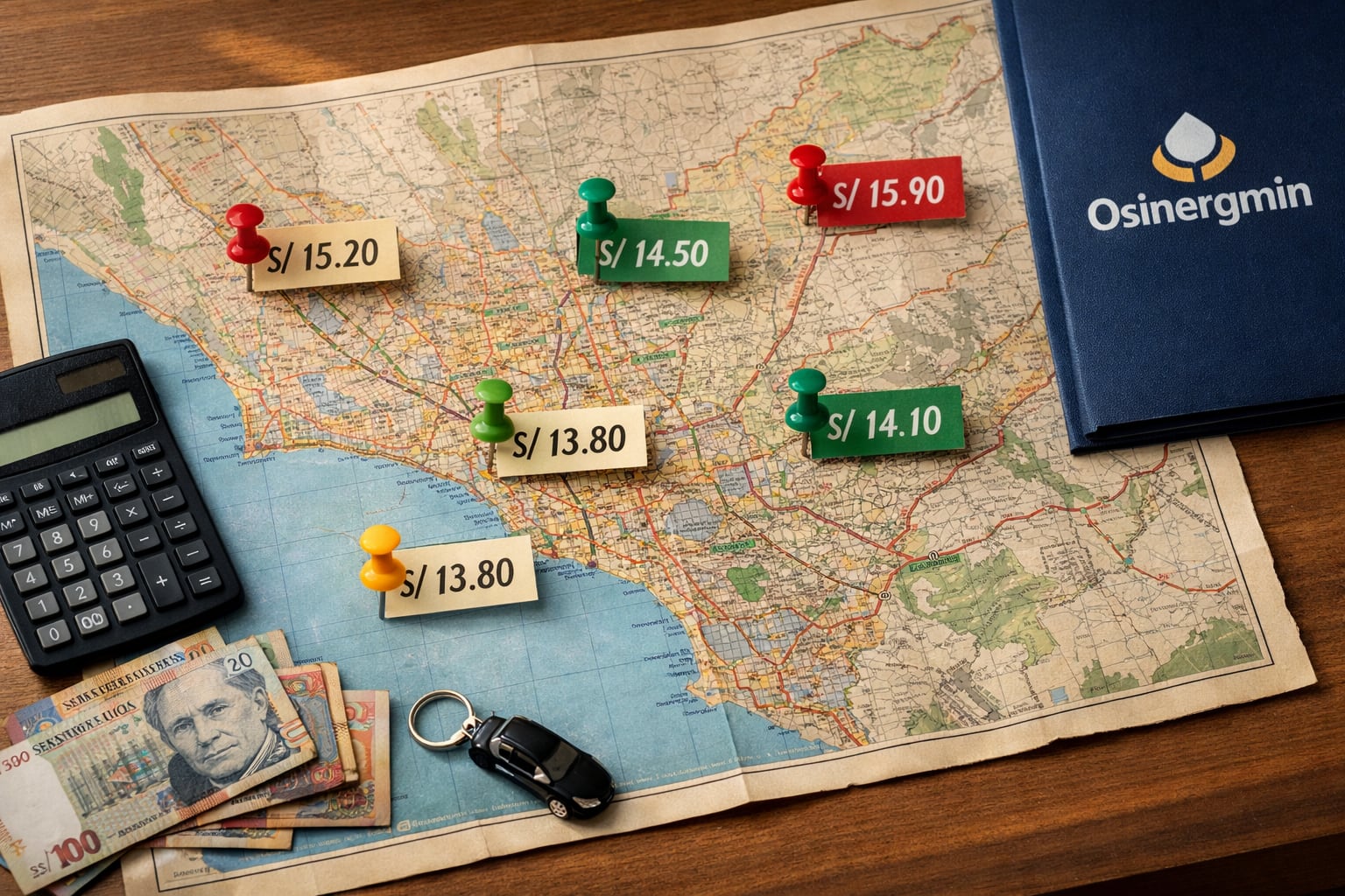 Un mapa de Lima muestra pines de colores que resaltan la variación de precios de la gasolina en diferentes distritos, junto a billetes peruanos y el logo de Osinergmin. (Imagen Ilustrativa Infobae)