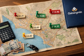 Mapa de Perú con pines de colores indicando precios de gasolina, calculadora, billetes peruanos, llavero de auto y una carpeta con logo de Osinergmin.