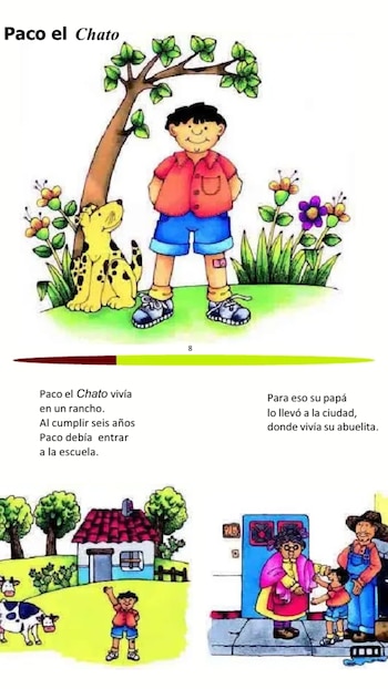 Página impresa con el título Paco el Chato, fragmentos de texto e ilustraciones de un niño, un perro, una granja y una casa de ciudad