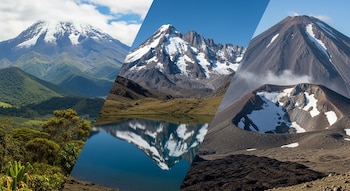 Collage de tres paisajes montañosos. A la izquierda, un volcán nevado con vegetación. Centro, montañas nevadas reflejadas en un lago. Derecha, un pico oscuro con nieve.