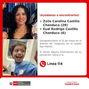 Póster rojo y blanco con fotos de una mujer joven de cabello oscuro y un niño pequeño sonriente. Incluye sus nombres, edades, y detalles de su desaparición