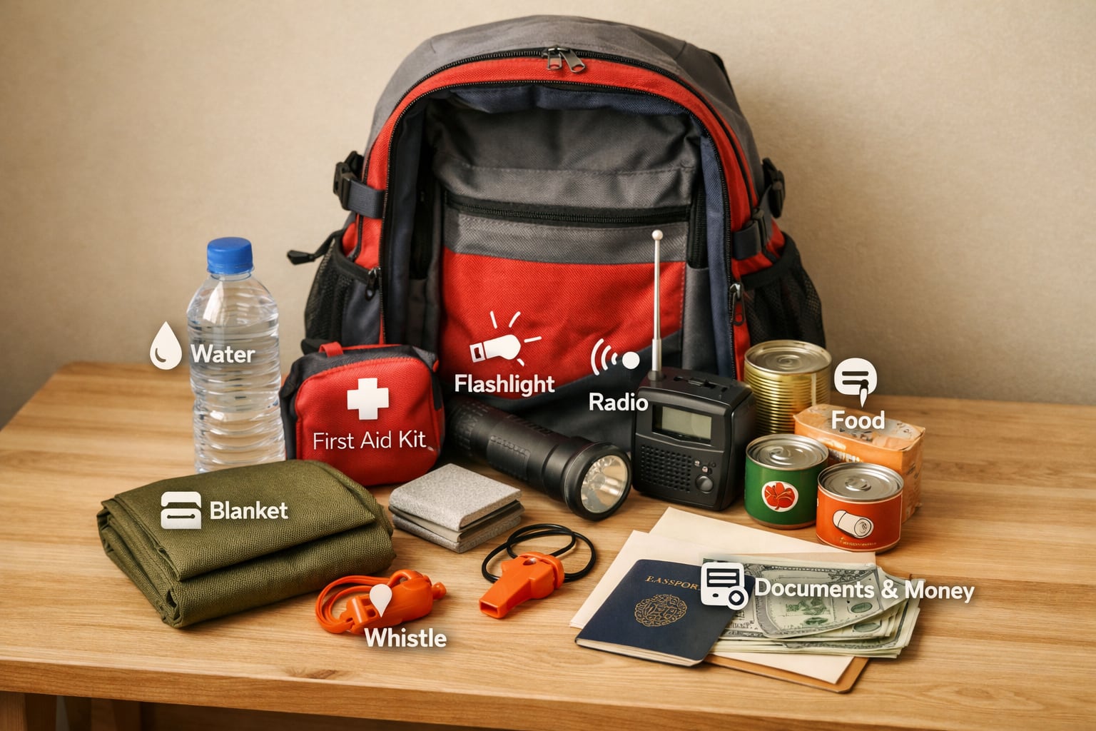 Una mochila de emergencia abierta muestra su contenido esencial organizado, incluyendo agua, alimentos, botiquín, linterna y documentos, lista para cualquier eventualidad. (Imagen Ilustrativa Infobae)