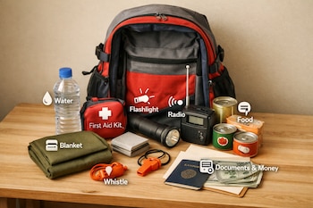 Una mochila gris y roja abierta sobre una mesa de madera clara con agua, botiquín, linterna, radio, alimentos enlatados, manta, silbatos, pasaporte y dinero.