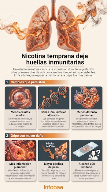 Infografía con una ilustración de pulmones con humo y seis recuadros con esquemas de células, ADN, tejido respiratorio y probetas.