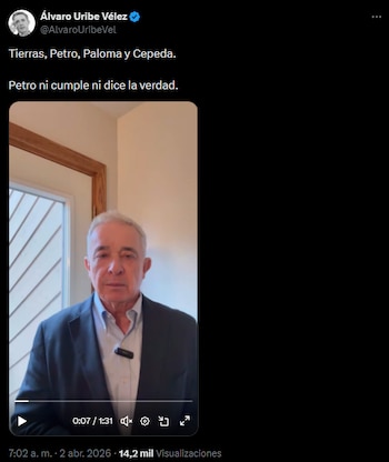 Álvaro Uribe Vélez acusó a Gustavo Petro de incumplir meta de tierras y expuso cifras oficiales - crédito @AlvaroUribeVel/X