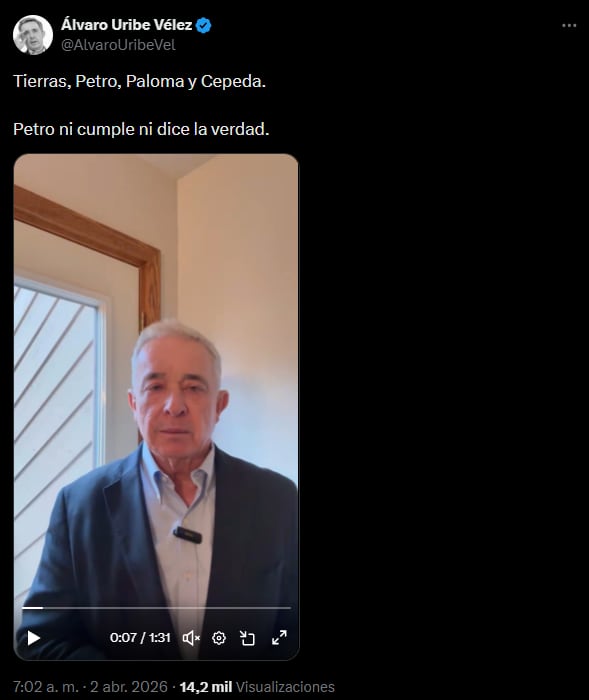 Álvaro Uribe Vélez acusó a Gustavo Petro de incumplir meta de tierras y expuso cifras oficiales - crédito @AlvaroUribeVel/X