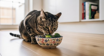 Gato atigrado comiendo brócoli de un cuenco decorado sobre un suelo de madera en una cocina luminosa, cerca de una ventana.