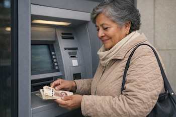Una mujer de edad avanzada, con cabello gris, piel morena y chaqueta acolchada beige, cuenta billetes de 500 Hryvnia frente a un cajero automático gris.