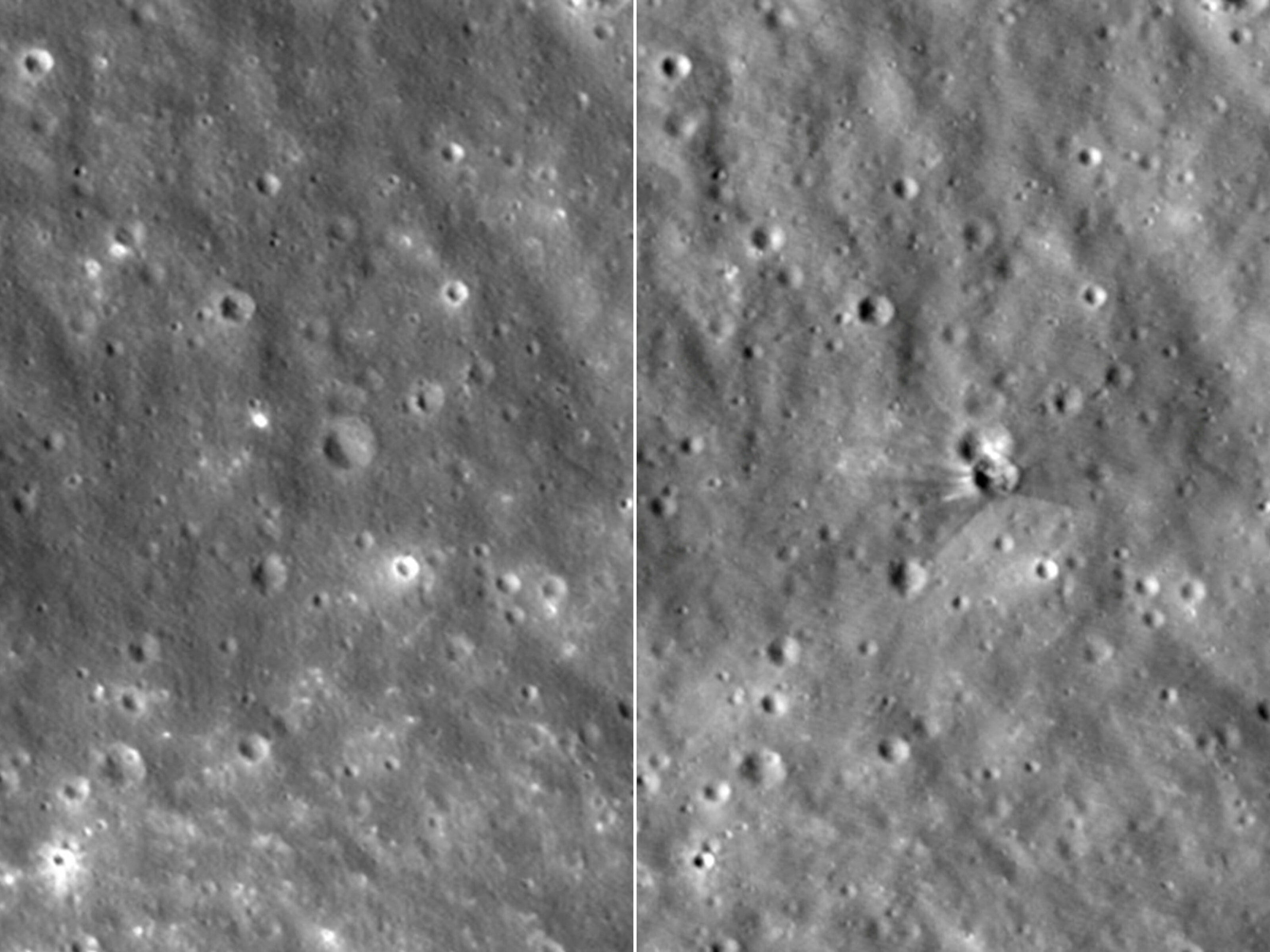 La superficie lunar antes y después del impacto de la etapa superior de un cohete Falcon 9 contra la Luna, ocurrido el 5 de agosto de 2026. (NASA Goddard/Intuitive Machines/ AFP)