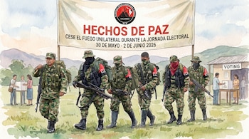 Ilustración acuarela de guerrilleros del ELN caminando bajo un letrero de "Hechos de Paz", con votantes en un puesto electoral improvisado al fondo.
