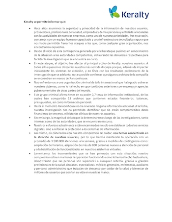 Comunicado Keralty sobre el hackeo.