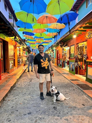 Un hombre sonriente de pie con su perro blanco de compañía en una calle empedrada. Sobre la calle, numerosos paraguas azules, verdes y naranjas cuelgan