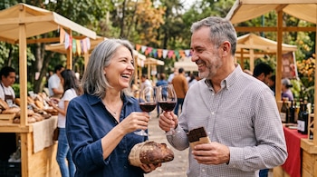 Una mujer y un hombre brindan con copas de vino tinto al aire libre mientras sostienen una barra de pan y una tableta de chocolate.