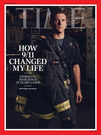 Portada de la revista Time con marco rojo y el bombero Colin McShane sosteniendo su chaqueta junto a titulares en texto blanco