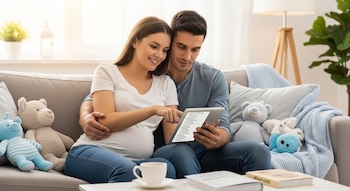 Pareja sonriente sentada en un sofá gris. La mujer embarazada señala una tablet con nombres de bebé mientras el hombre la abraza. Juguetes de peluche en el sofá.