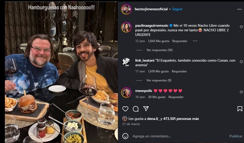 Héctor Jiménez se reunió con Jack Black en un restaurante de la Ciudad de México. (Instagram/Héctor Jiménez)