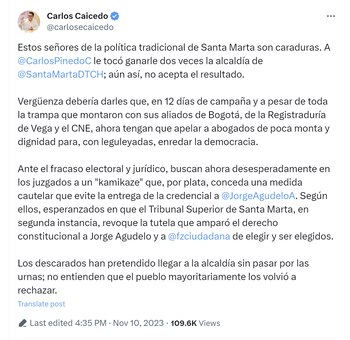 El exgobernador Carlos Caicedo señaló a Carlos Pinedo de no querer aceptar su derrota en las urnas - crédito @carlosecaicedo/X