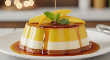 Un flan de tres capas, amarillo, blanco y marrón, con un chorro de caramelo líquido, rebanadas de mango amarillo y hojas de menta verde. El postre está en un plato blanco.