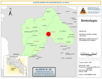 La CNE declaró alerta verde para cinco distritos de Upala y Liberia ante el riesgo generado por erupciones y lahares. Crédito: CNE
