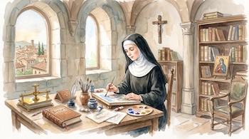 Una monja vestida con hábito negro pinta sobre un escritorio con pinceles, tubos de pintura, un breviario y estantes con libros.