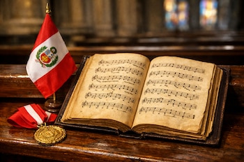 Himnario abierto con partituras en un banco de madera, una bandera de Perú, una medalla dorada con cinta roja y blanca, y columnas con vitrales al fondo.