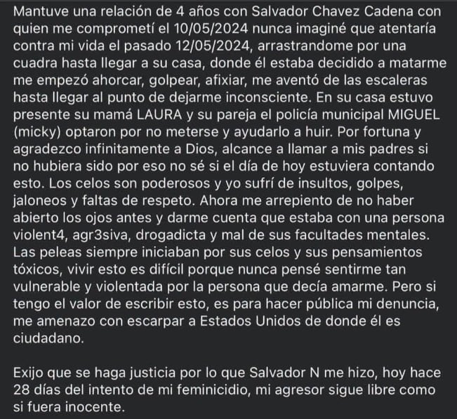 Una presunta ex pareja de Salvador, hijo de Laura Cadena, lo denunció por presunto intento de feminicidio, además de ella otras personas comentaron que agredía a varios sujetos por su violento temperamento
