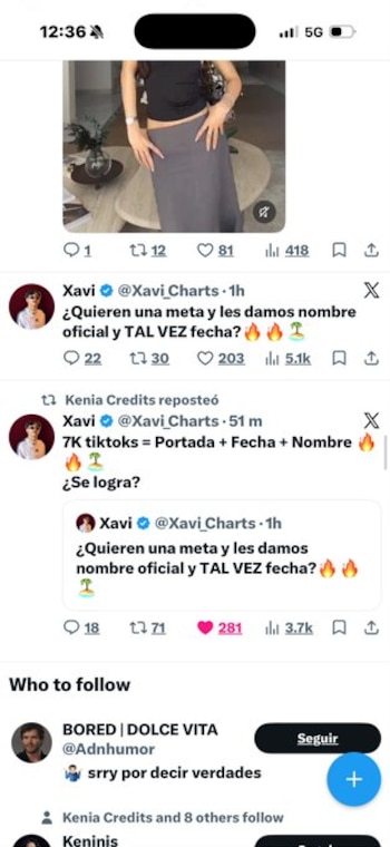 Captura de pantalla de la red social X en un teléfono móvil. Muestra publicaciones de Xavi_Charts, texto y una imagen de una persona con top negro y falda gris