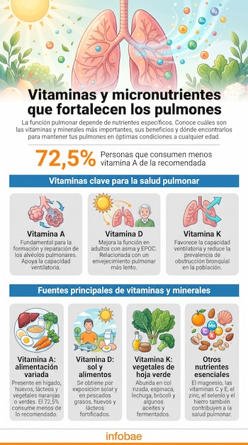 Pulmones ilustrados, símbolos de vitaminas, sol, hojas. Categorías de alimentos (carne, lácteos, pescado, huevos, vegetales). Incluye texto y logotipo.