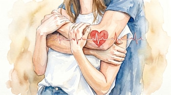 Ilustración en acuarela de una pareja abrazada. Un corazón rojo y una línea de electrocardiograma se superponen en el área del pecho. Fondo beige difuminado.