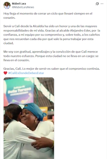 La exfuncionaria dijo que continuará en el periodismo y sostuvo que seguirá atenta a lo que acontece en la capital vallecaucana
- crédito @MabelLaraNews/x