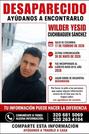 Buscan a Wilder Yesid Cuchibaguen Sánchez, colombiano reportado como desaparecido tras presuntamente incorporarse al Ejército ruso en 2026. Su última comunicación con la familia fue el 30 de mayo (Cortesía: Claudia).